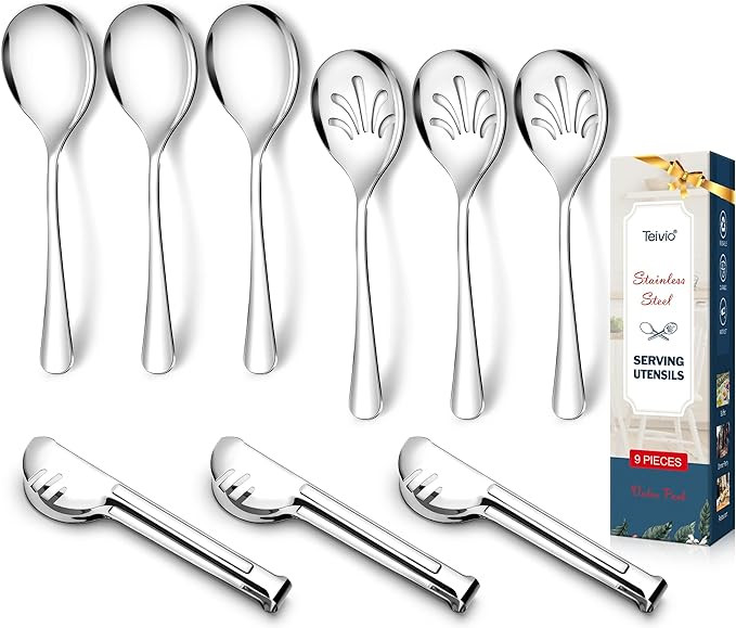 Stainless Steel Metal Serving Utensils - Large Set of 9-10" Serving Spoons, 10" Slotted Spoons, a... | Amazon (US)