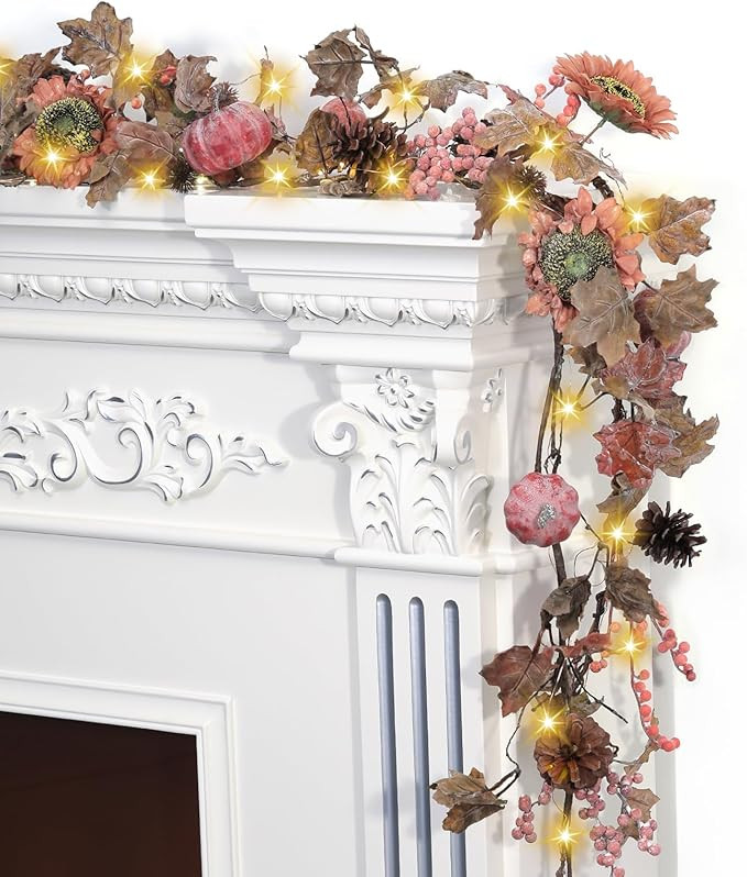 Artgar Fall Garland - Sunflower Garland - 6 Ft Dried Maple Leaf Pumpkin Berry Garland with 30 War... | Amazon (US)