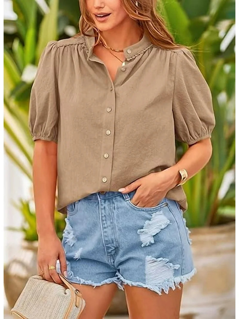 PRETTYGARDEN Women's Summer Button Down Shirts Short Lantern Sleeve V Neck Cotton Cute Dressy Cas... | Walmart (US)