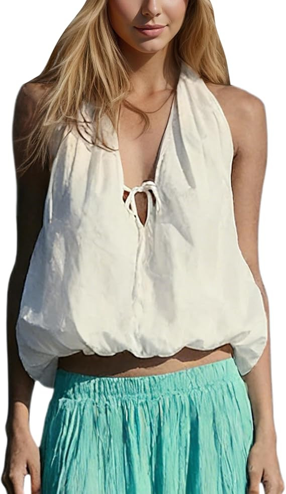 Women Halter Bubble Tank Top Sexy Plunge V Neck Tie Open Back Sleeveless Crop Going Out Tops Summ... | Amazon (US)