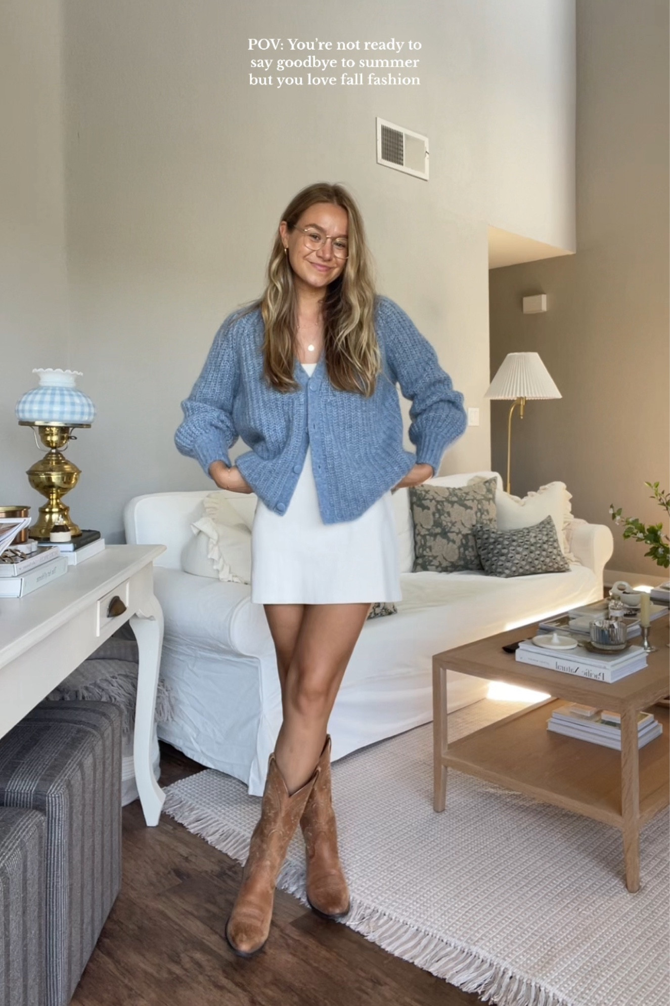 Sweater is Sezane (medium). Shoes are Ariat. Dress is Amazon