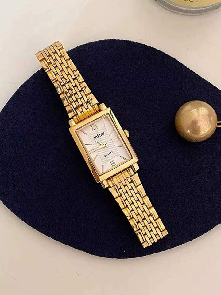 New Arrival Square Casual Simple Atmosphere Steel Strap Gold Dial Women's Wristwatch | SHEIN