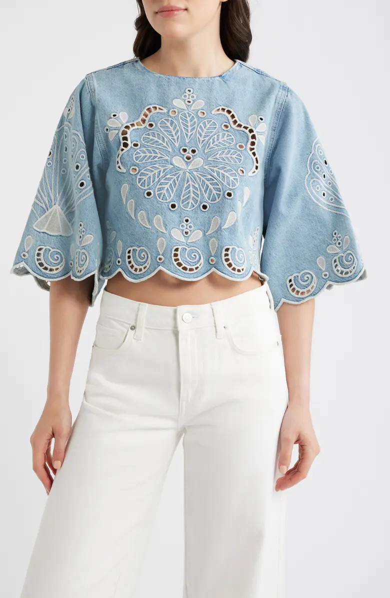 Richelieux Eyelet Detail Crop Denim Top | Nordstrom