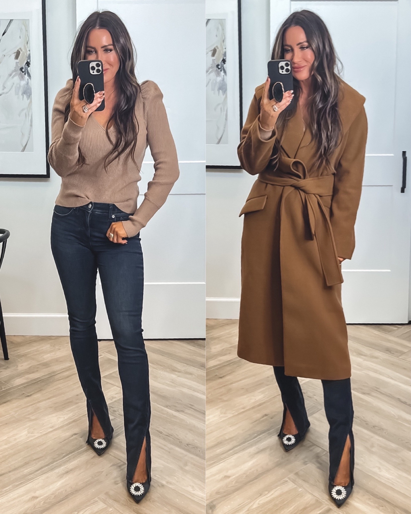 All 50% off.. the best jeans with the prettiest neutral puff shoulder sweater  my fav luxurious coat (so in love I bought it twice) all are on sale 50% off! 
Sz small in coats and sweater and sz 4 in jeans 
Heels sz up 1/2 sz for comfort 



#LTKstyletip #LTKsalealert #LTKCyberweek