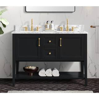 Sherway 49 in. Double Sink Black Bath Vanity with White Carrara Marble Top (Assembled) | The Home Depot