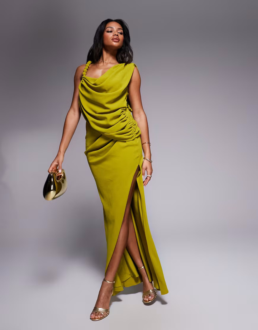 ASOS DESIGN drape maxi dress with ball trim strap detail in chartreuse-Green | ASOS (Global)