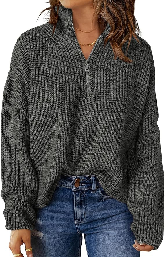 MEROKEETY Women's 2023 Long Sleeve Chunky Knit Sweaters 1/4 Zip Polo V Neck Casual Pullover Tops | Amazon (US)