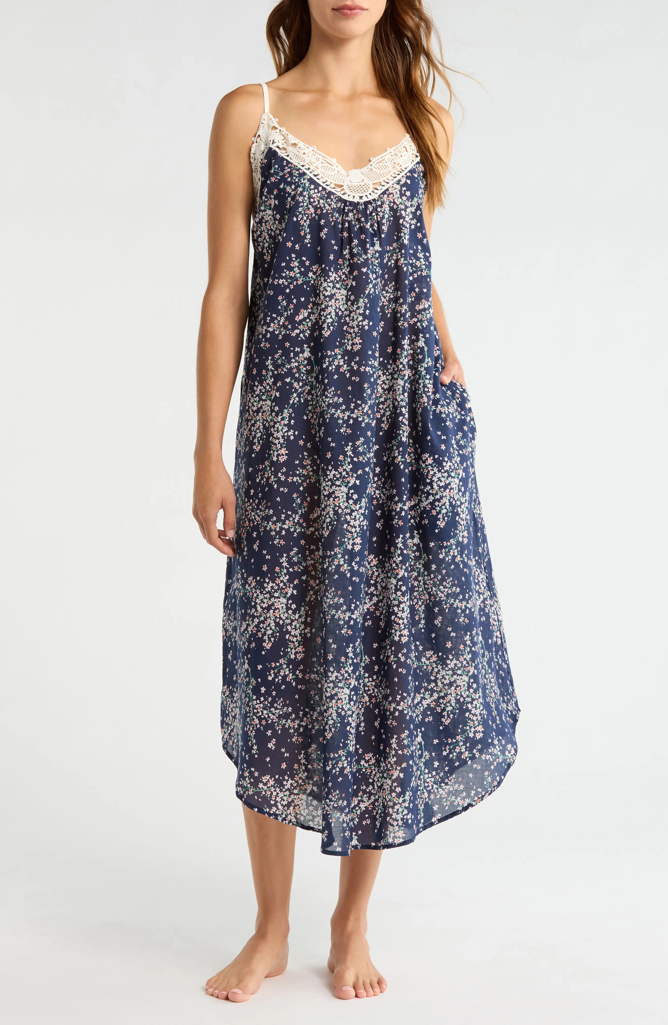 Papinelle Cheri Blossom Cotton Voile Nightgown in Navy at Nordstrom, Size Large | Nordstrom