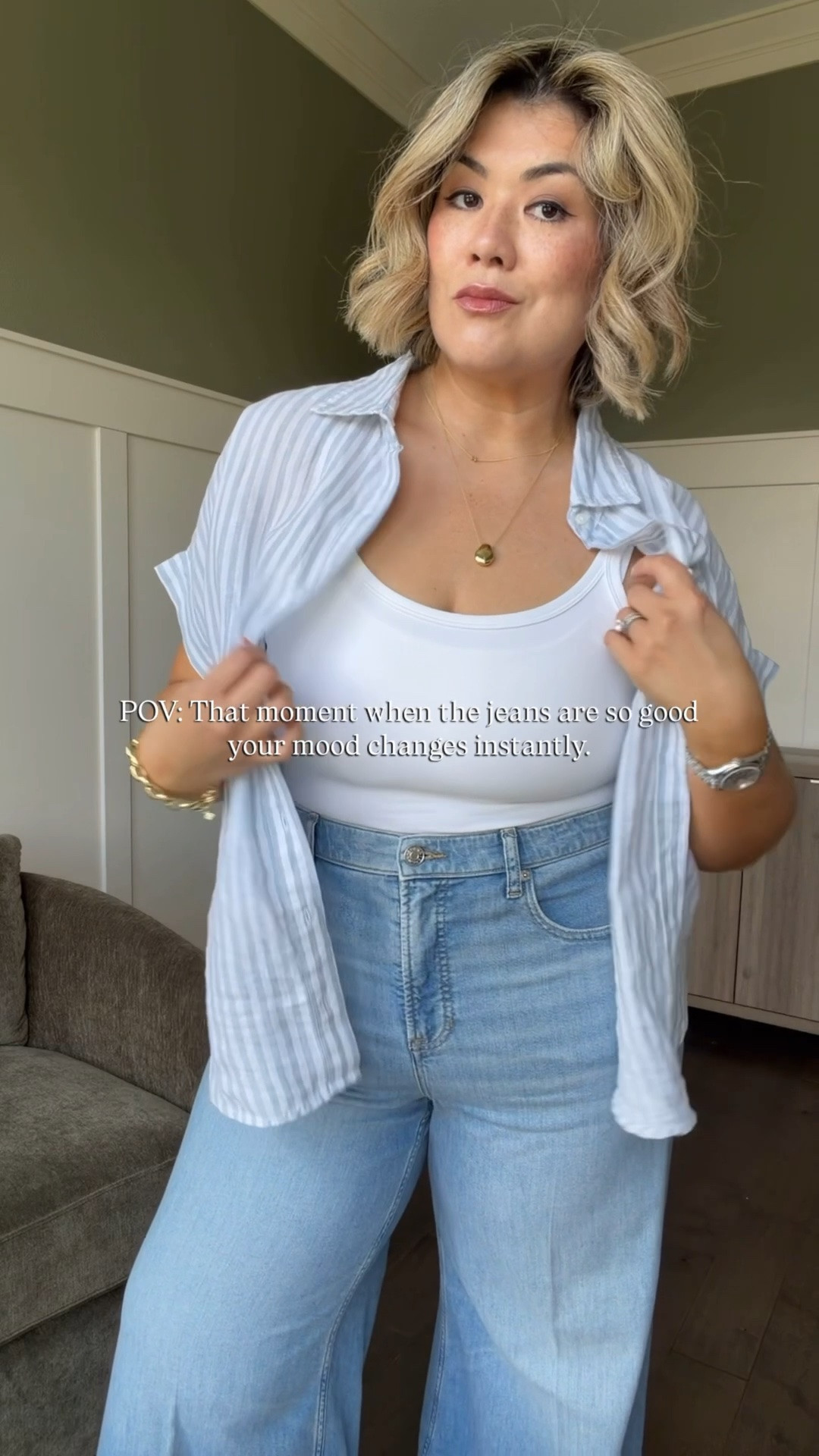 The way these jeans lit up my mood! When you find a pair like this, you keep them in rotation!

I’m wearing a size XL in the regular inseam. I’m 5’5 for reference. I’m wearing a size large in the linen button up.

#LTKootd #LTKOver40 #LTKMidsize
