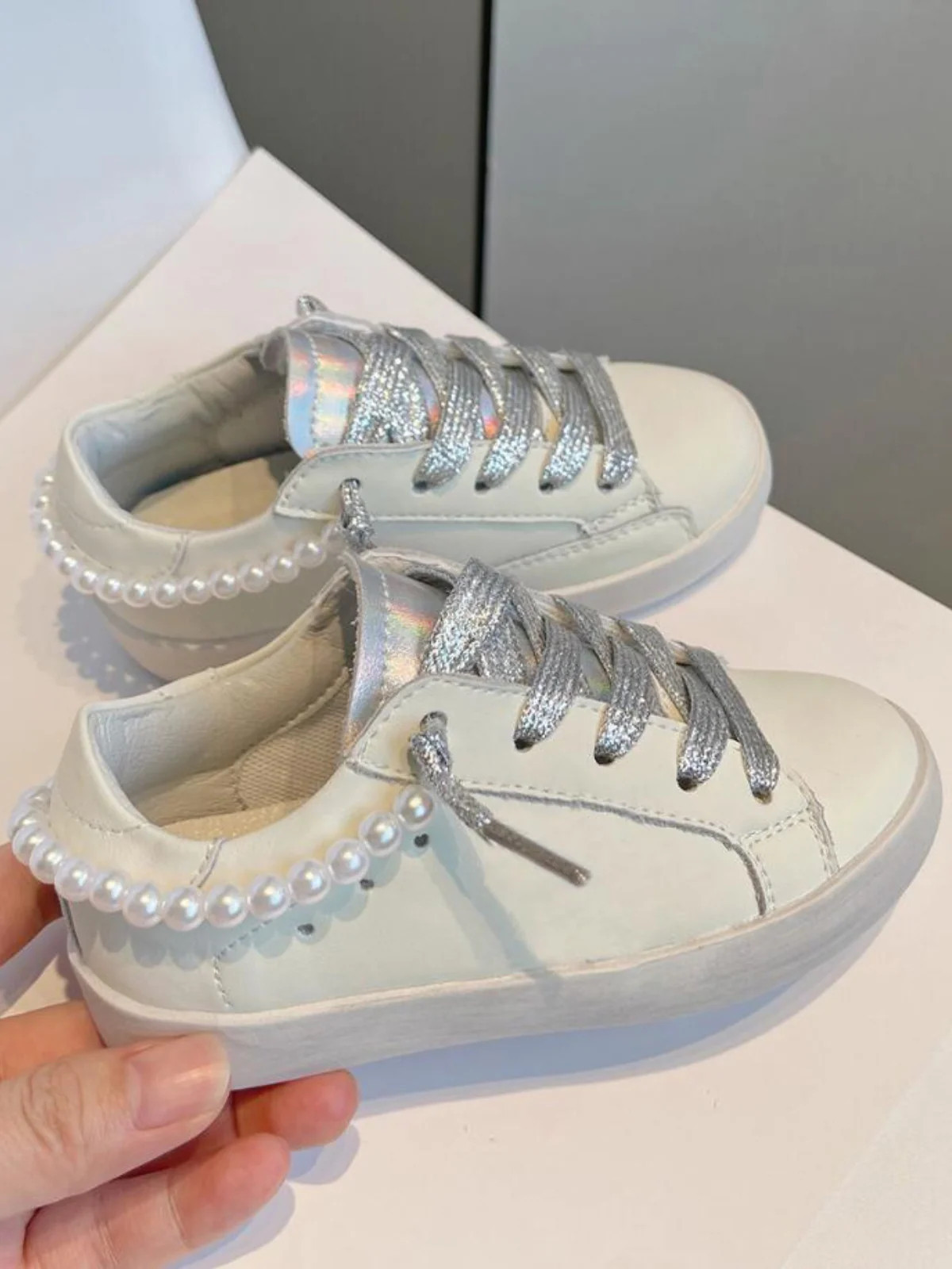 Metallic Pearl Sneakers by Liv and Mia Silver / 9.5 | Mia Belle Girls