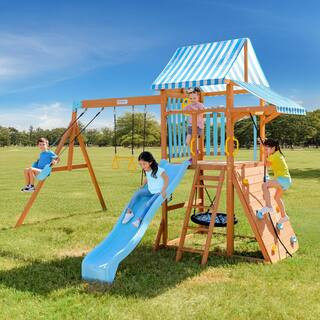 Laguna Wooden Playset with Belt and Web Swing Slide and Climbing Wall | The Home Depot