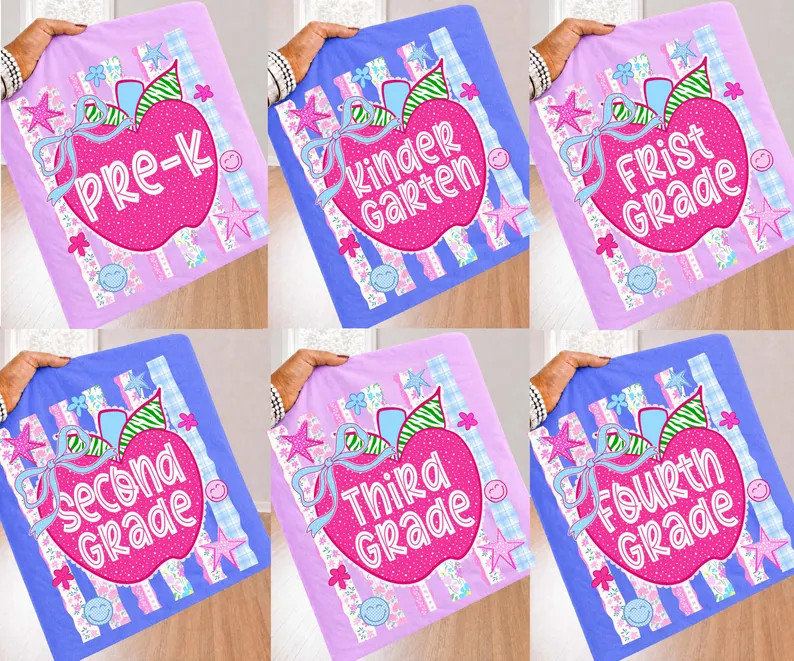 Preppy Teacher Apple Png Bundle, Pink Gingham Stripes PNG, Pre-K To Fourth Grade Design, Back To ... | Etsy (Global)