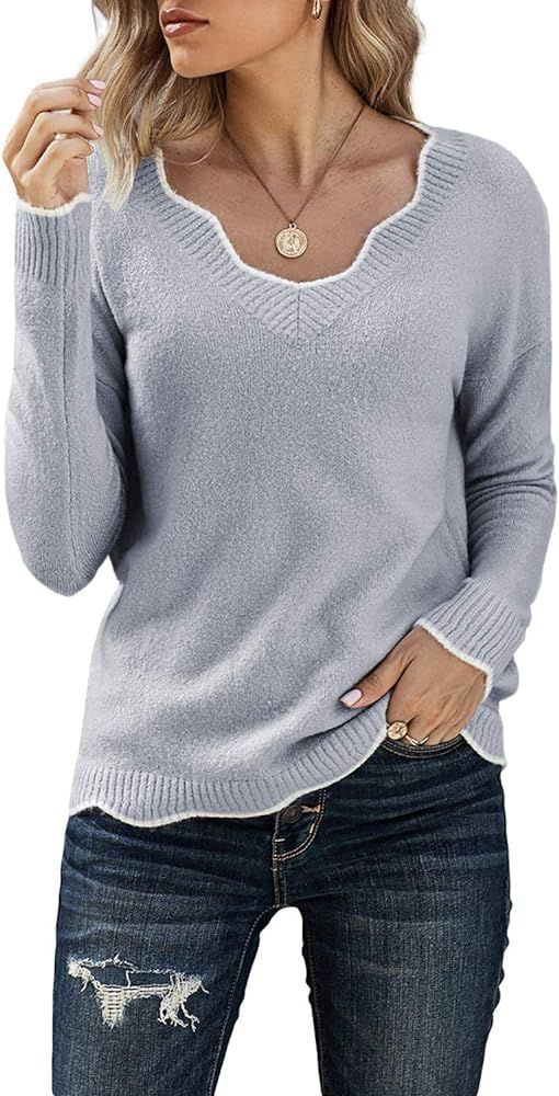 BLENCOT Women's Wave Trim V Neck Long Sleeve Casual Loose Knit Pullover Sweaters | Amazon (US)