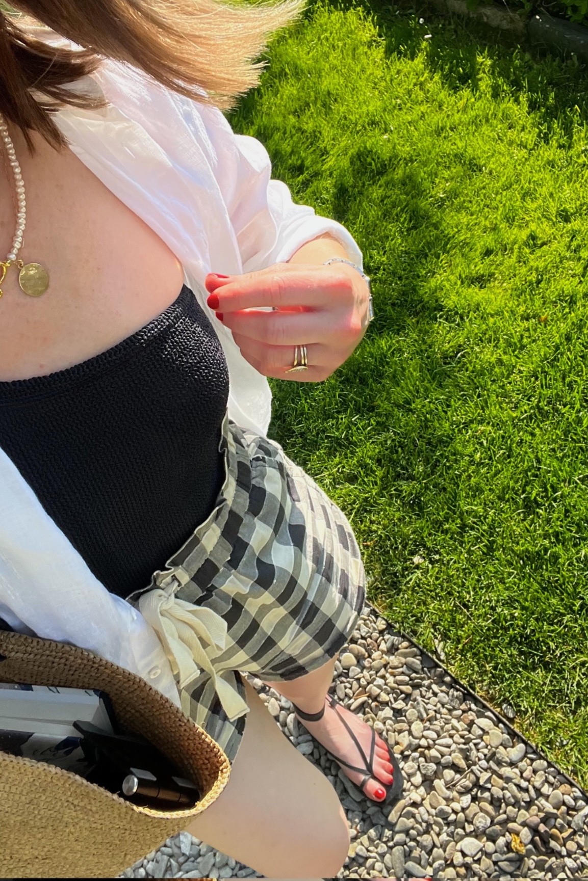 Black and white resort wear outfit 
Black hat attack hat is Packable
Black and ivory checkered shorts are Sezane
Bag Sezane 
White linen button up with nothing underneath 
A emery black wrap sandals 

#LTKshoecrush #LTKswim #LTKtravel