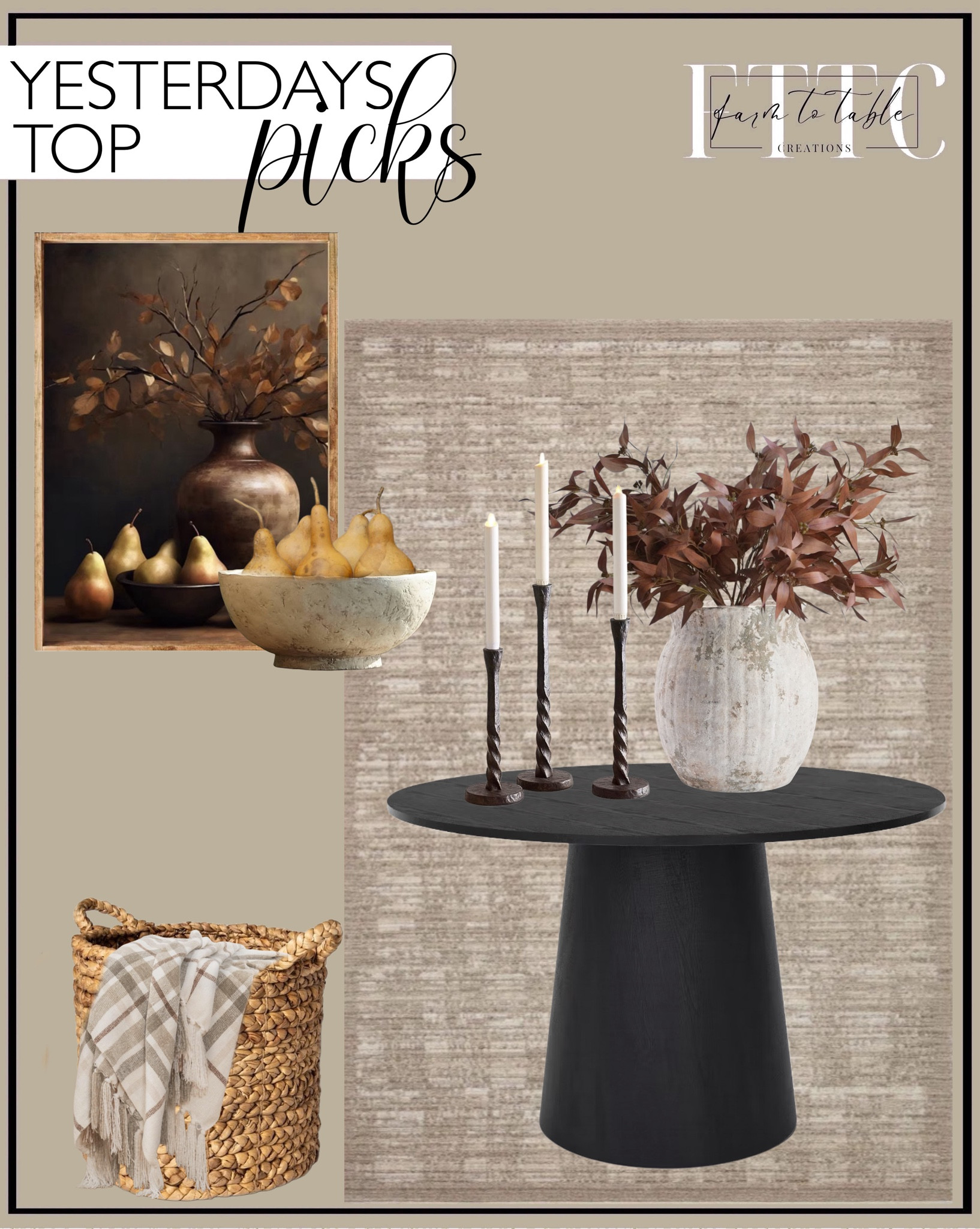 Yesterday’s Top Picks. Follow @farmtotablecreations on Instagram for more inspirational.

Loloi Performance Sand Area Rug. Dwen 46'' Dining Room Table with Pedestal Base, Manufactured Wood Foild with Grain Paper Round Top Dining Table. Autumn Stems & Pears Framed Art. Weathered Vase. Easton Forged Candleholder. Gourds. Decorative Bowl. Threshold Woven Basket. EVERGRACE Plaid Chenille Throw. 

Bedroom corner | Coffee Table Decor | Fall Decor | Fall Stem Sale | Target Finds | Skinny Bench | Bedroom | Living Room | Breakfast Nook | Amazon Home | Target Sale | Loloi Rugs | Magnolia Home | console table | console table styling | faux stems | entryway space | home decor finds | neutral decor | entryway decor | cozy home | affordable decor |  home decor | home inspiration | fall stems | fall console | spring vignette | fall decor | fall decorations | console styling | entryway rug | cozy moody home | moody decor | neutral home



#LTKFindsUnder50 #LTKSaleAlert #LTKHome
