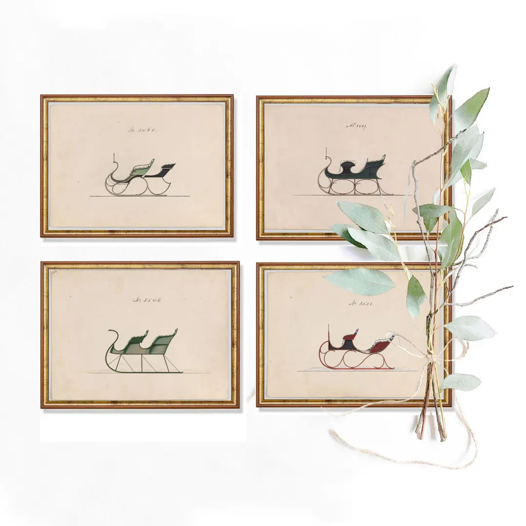 Vintage Sleigh Printable Wall Art Set of 4, Neutral Christmas Home Decor, Holiday Sleigh Digital ... | Etsy (US)