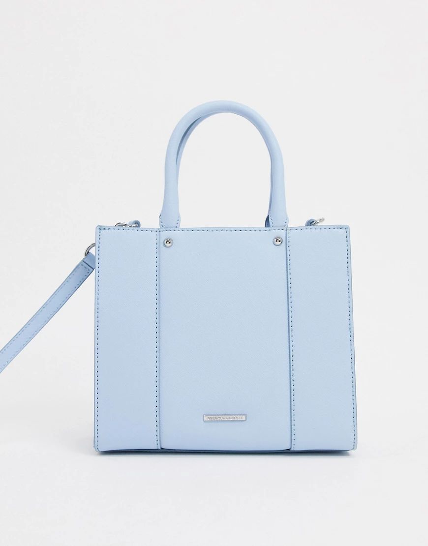 Rebecca Minkoff mab lether mini tote bag with front pocket in light blue | ASOS (Global)