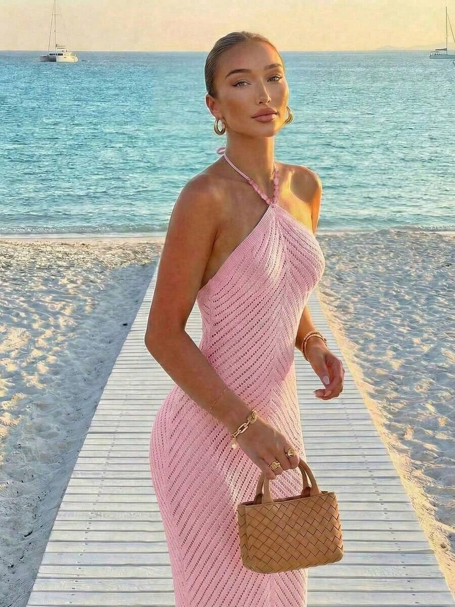 Summer Women's Faux Pearl Decor Camisole Dress, Hollow Out Neck Pink Knit Dress, Bohemian Style B... | SHEIN