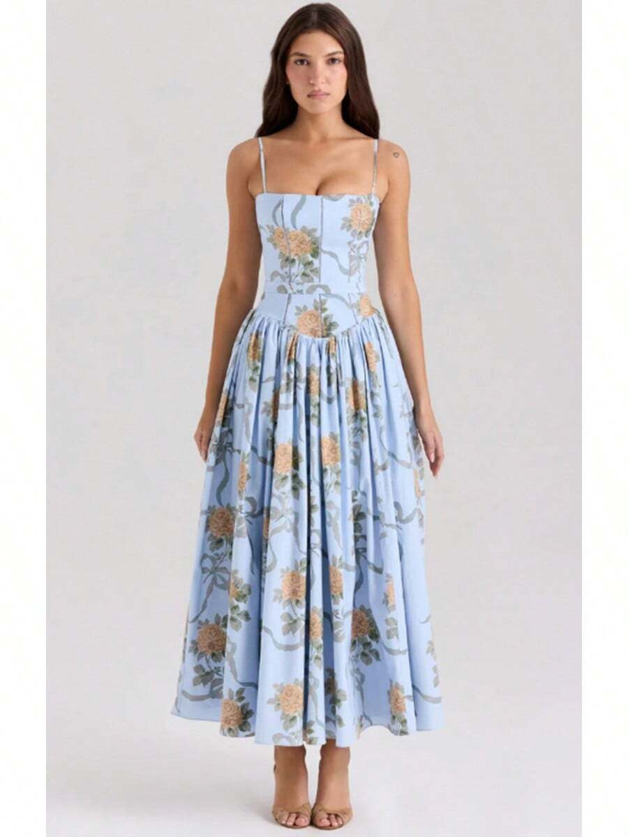 LocalElegant European Style White Corset Maxi Dress Women's Spaghetti Strap Pleated A-Line Formal... | SHEIN