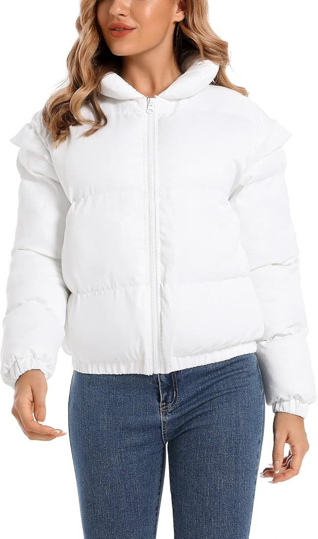 Women's Winter Cropped Puffer Jacket with Pockets Zip Up Long Sleeves Warm Quilted Crop Puffer Ja... | Amazon (US)