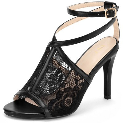 BLISSFUL STEP Women's Open Toe Ankle Strap Lace Heeled Sandals Black 7.5 | Target