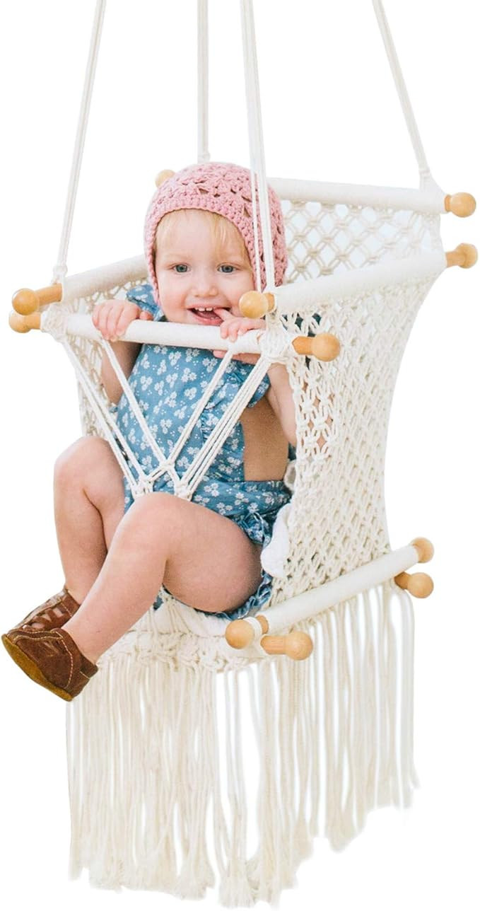 funny supply Hanging Swing Seat Hammock Chair for Infant to Toddler Beige Color Cotton Rope Weave... | Amazon (US)