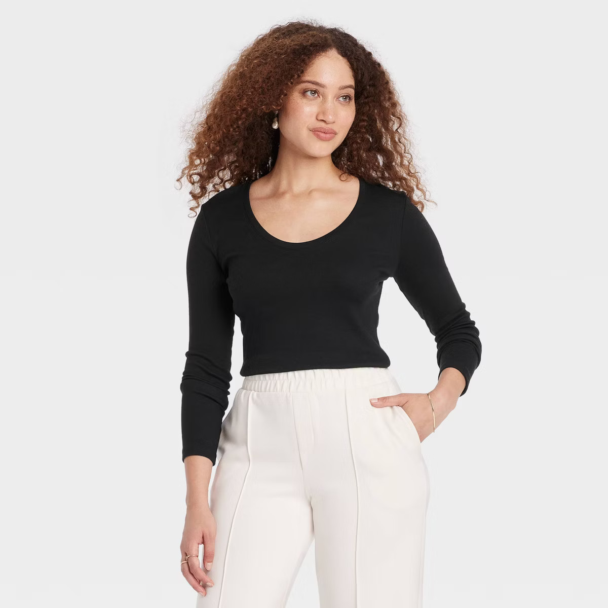 Women's Slim Fit Long Sleeve Scoop Neck Ribbed T-Shirt - A New Day™ Black M | Target