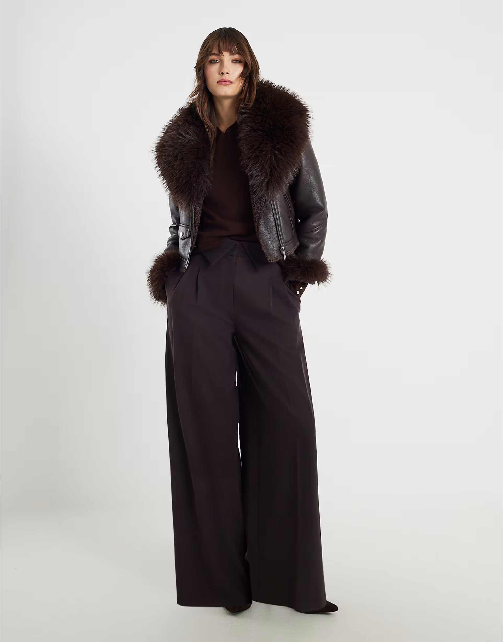 River Island Faux fur collar cropped biker jacket in brown - dark | ASOS (Global)