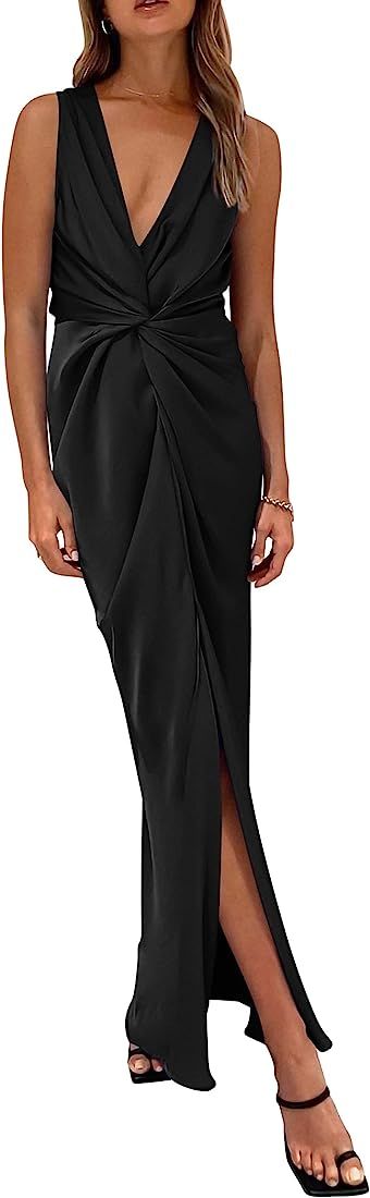 Women's Satin Ruched Bodycon Dress Summer 2023 Twist Front V Neck Sleeveless Split Maxi Dresses | Amazon (US)