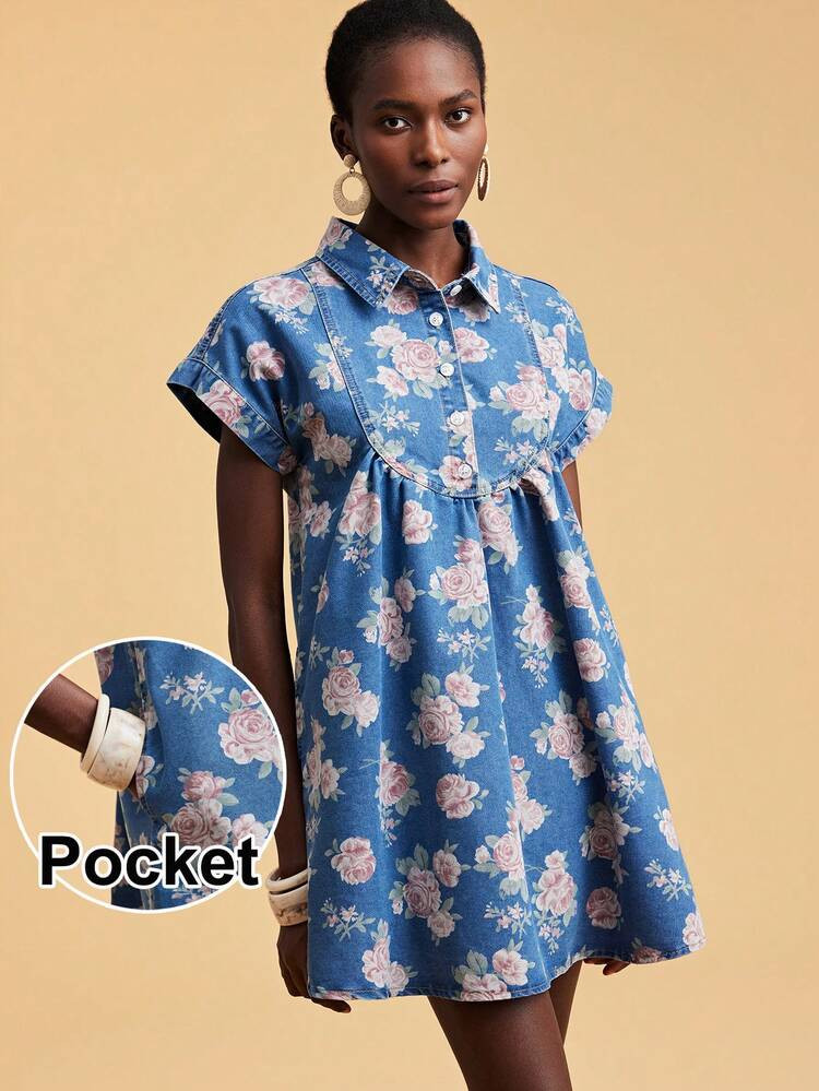 Travachic Women's Light Blue Denim Dress, Shirt-Style Babydoll Dress, Floral Print, Summer Vacati... | SHEIN