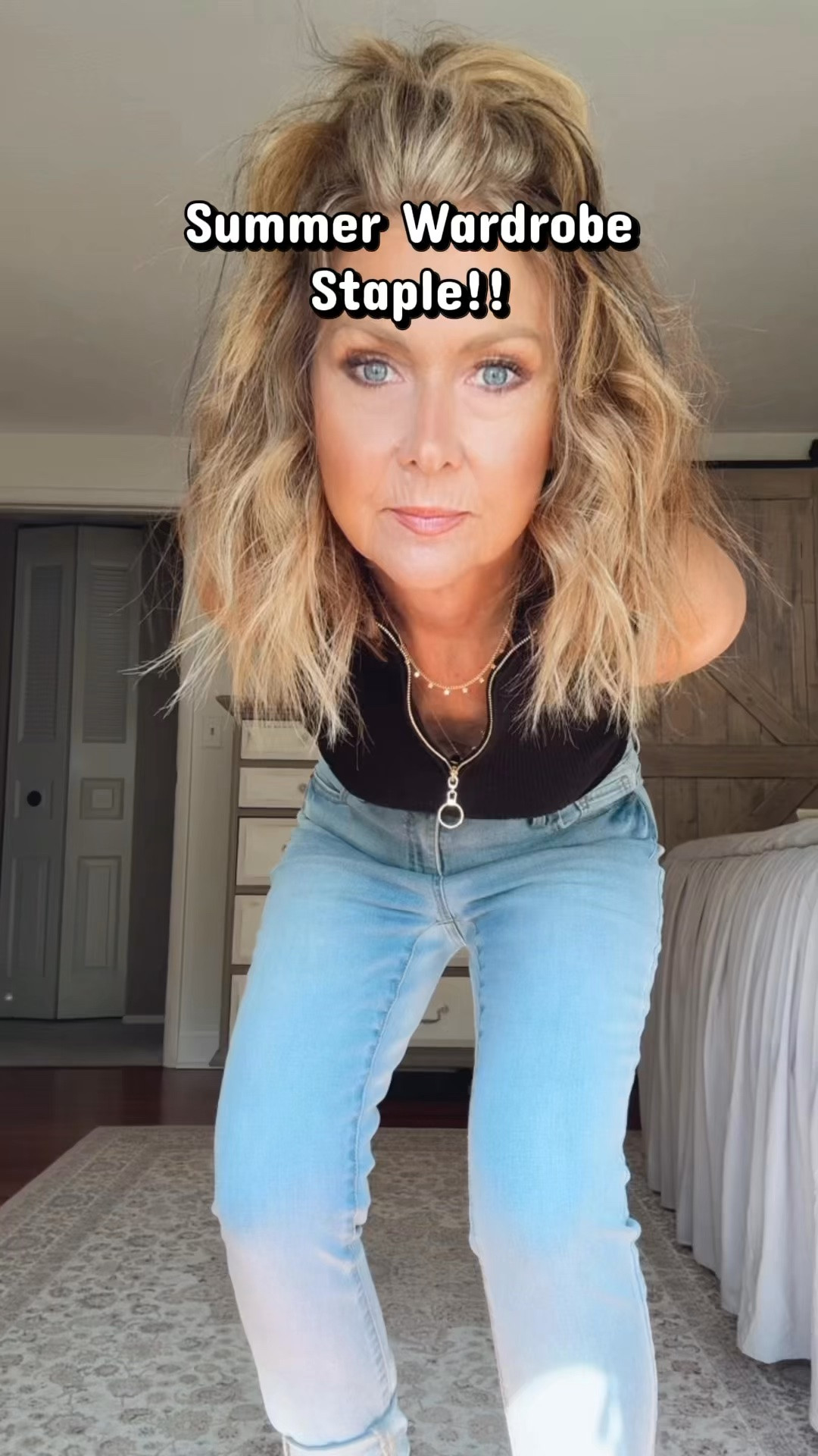 😎SUMMER WARDROBE STAPLE!!
✨Love these 1/2 inch zip-up tanks!
✨Just enough that you can dress it up or dress it down!
✨Several colors available. I bought it in white too.
✨I remember when skinny jeans came out… I said “no way!” Now I can’t stop wearing them😂
5’3”
115 lbs
Size: small shirt
Size: 4 jeans
Size : 6.5 shoes 
⭐️👠Cosy Island Shoes- link is in my bio on my Linktree:)