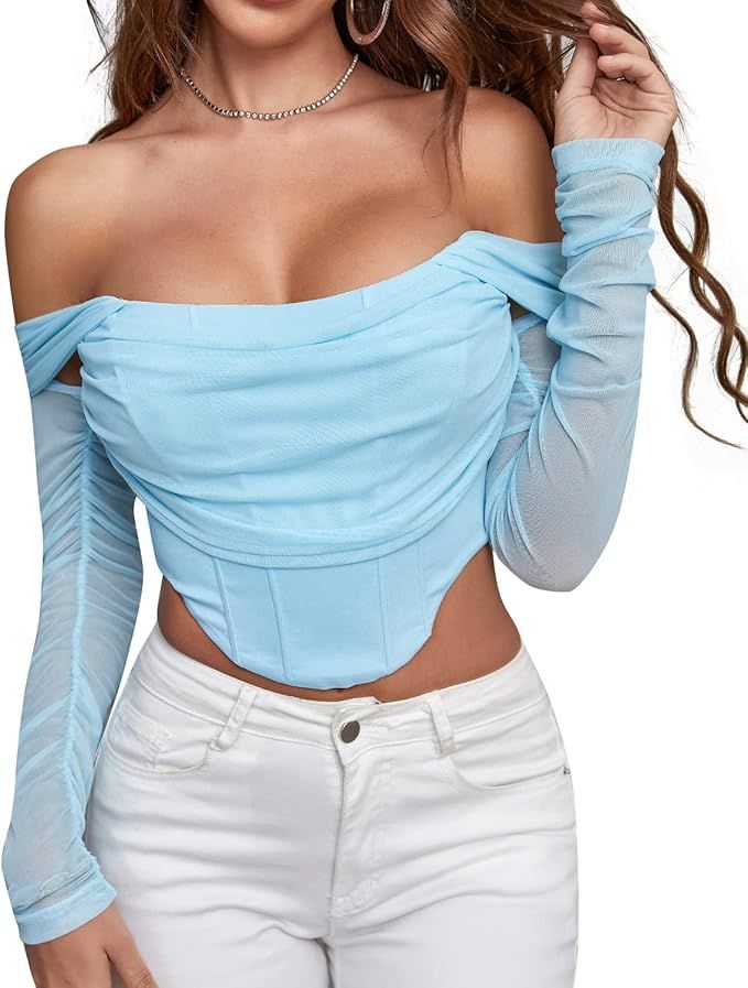 CORSKI Women's Mesh Bustier Long Sleeve Corset Ruched off Shoulder Push Up Boned Cute Crop Top Tr... | Amazon (US)