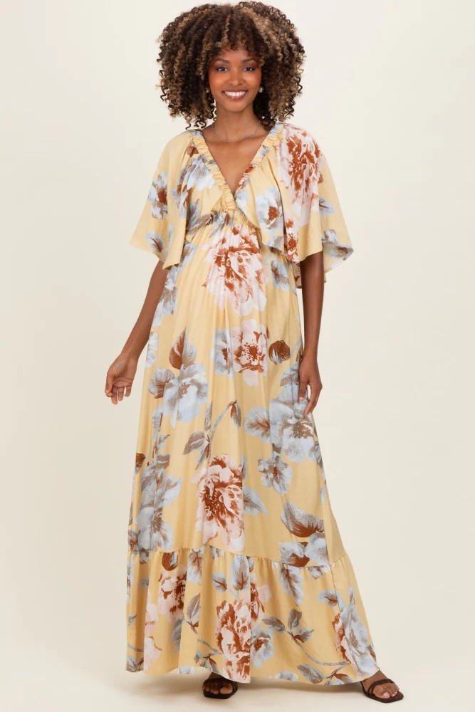 Yellow Floral V-Neck Maternity Maxi Dress | PinkBlush Maternity