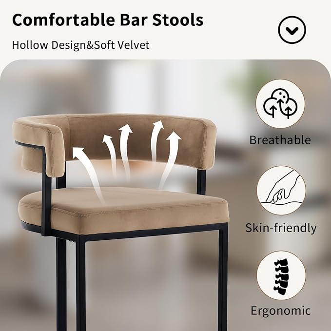 Set of 2 Brown Modern Velvet Bar Stools with Barrel Backrest, Upholstered Seat, and Black Metal F... | Amazon (US)