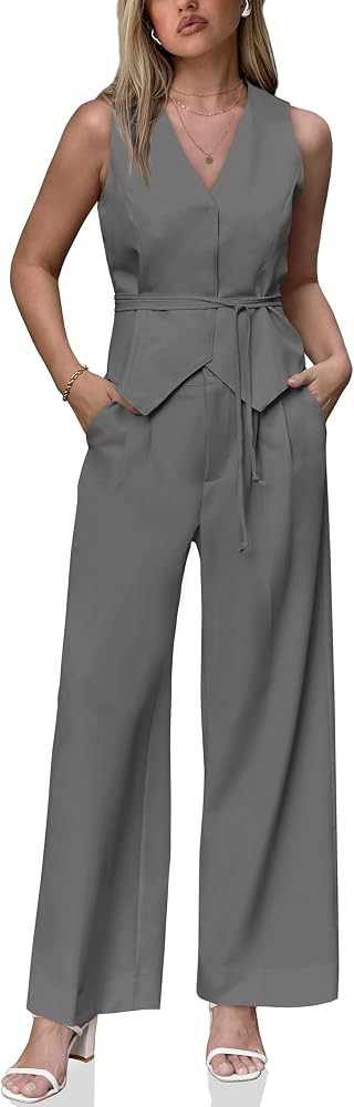 Cicy Bell Womens Business Casual 2 Piece Outfits V Neck Sleeveless Tie Waist Blazer Vest Pleated ... | Amazon (US)