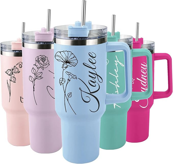 Personalized 40 Oz Tumbler with Handle and Straw, Custom Cup with Name & Birth Flower, Stainless ... | Amazon (US)