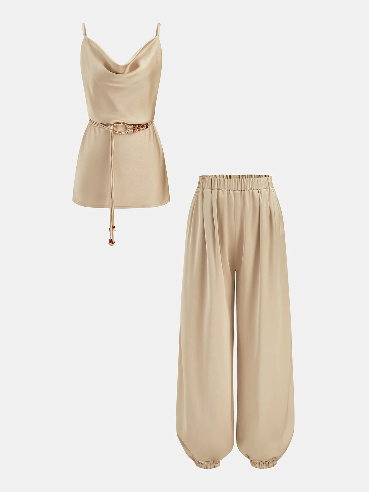 Cowl Neck Cami Top & Elastic Waist Pants Set | Commense