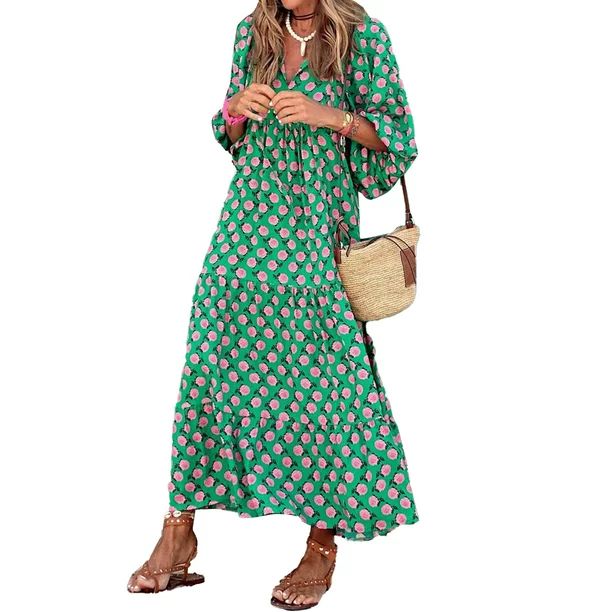 Women Casual Maxi Dress Bohemian Floral V Neck Puff Short Sleeve Beach Tiered Sundress Long Swing... | Walmart (US)