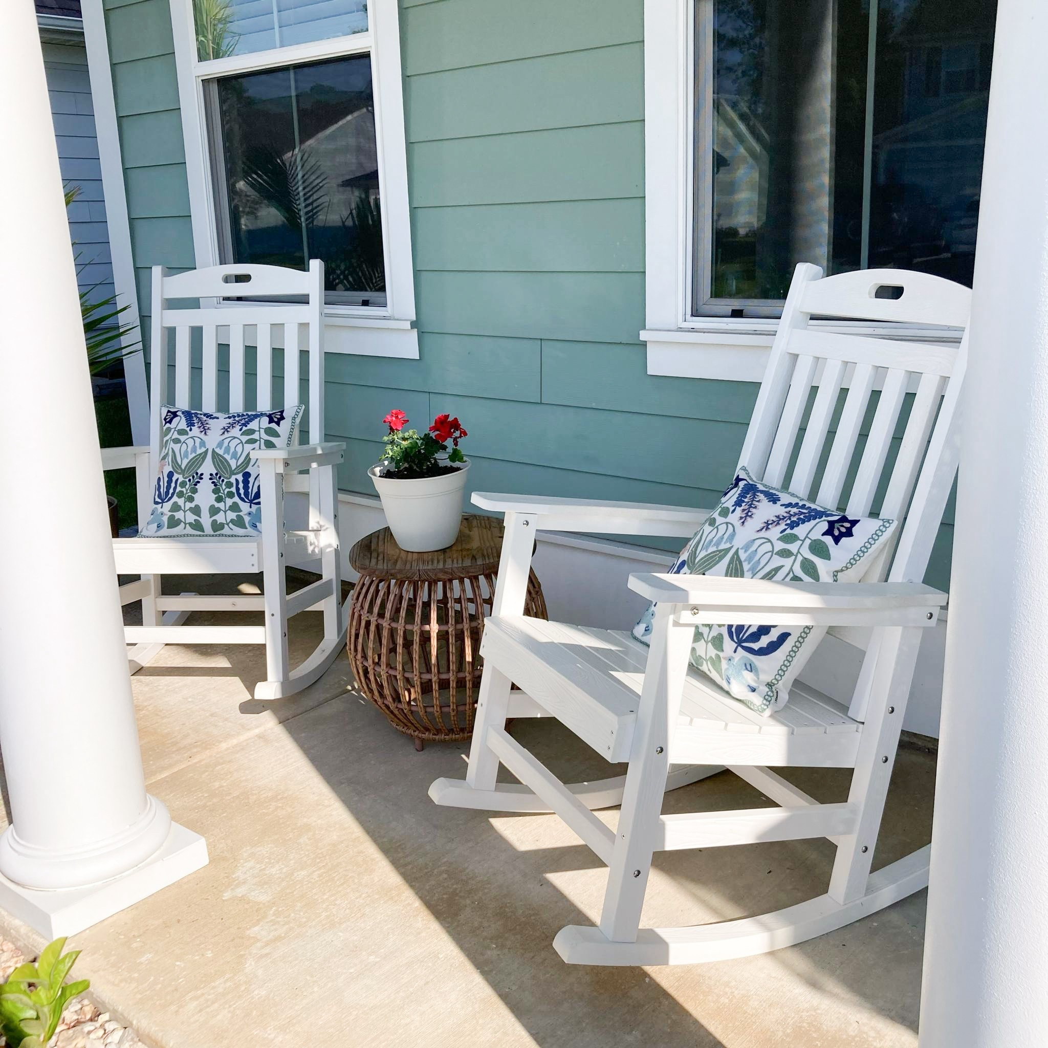 A simple and charming Southern front porch. These chairs are made with poly wood, they are so sturdy and well made. Fit to withstand nasty weather and stand the test of time. They call them “forever furniture” for a reason. Also, take a peek at these pillow covers, they are so beautiful for Spring and such high quality !

#LTKOver40 #LTKSeasonal #LTKHome