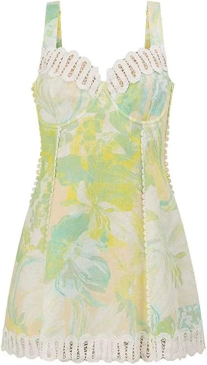 THLAI Women Sleeveless Lace Trim Floral Print Linen A Line Mini Dress Elegant Casual Vacation Out... | Amazon (US)