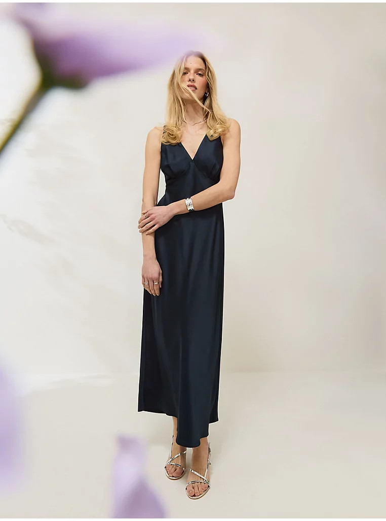 Navy Plunge Sleeveless Satin Maxi Dress | George