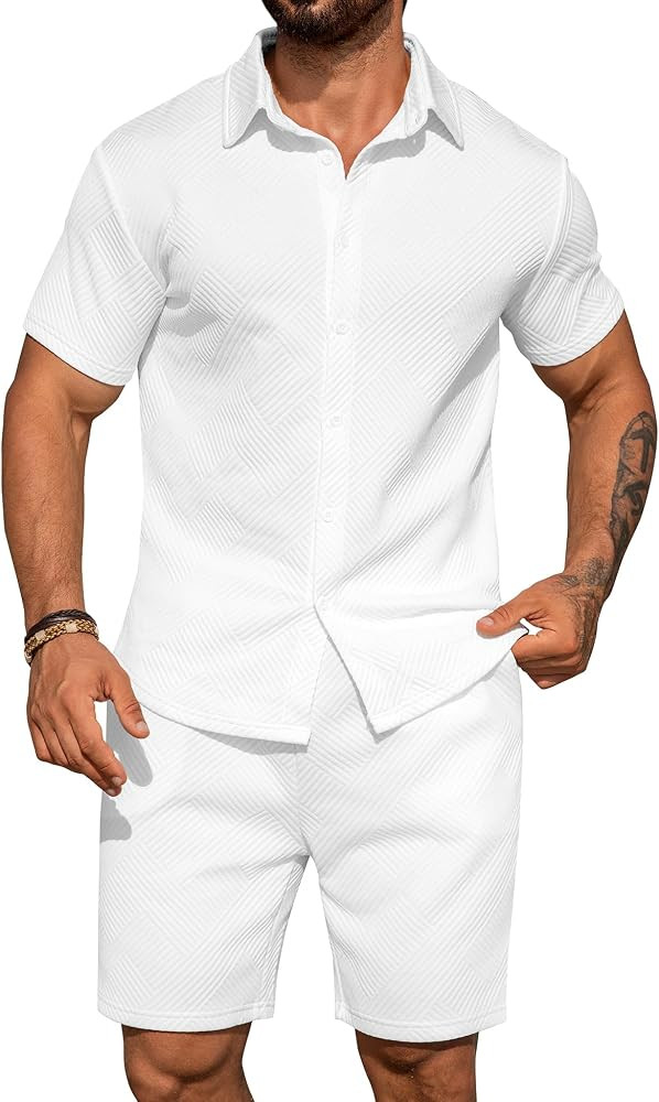 URRU Men's Shirt and Shorts Set Summer Outfits Short Sleeve Casual Button Down 2 Piece Shorts Set | Amazon (US)