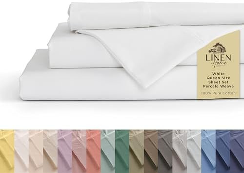 Linen Home 100% Cotton Percale Sheets Queen Size, White, Deep Pocket, 4 Pieces Set - 1 Flat, 1 De... | Amazon (US)