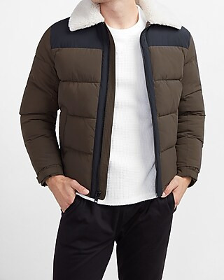Nylon Sherpa Collar Puffer Jacket | Express