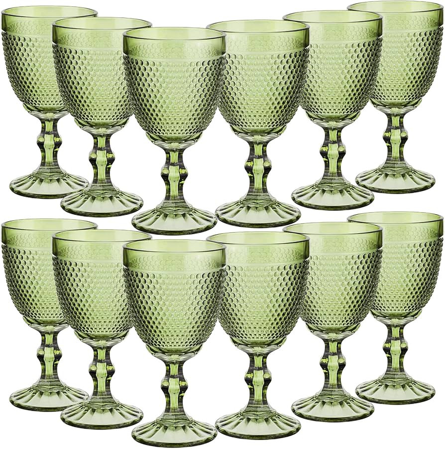12 Pcs 10 oz Wine Glasses Beads Colored Glass Goblet Crystal Classic Glassware Embossed Pattern V... | Amazon (US)