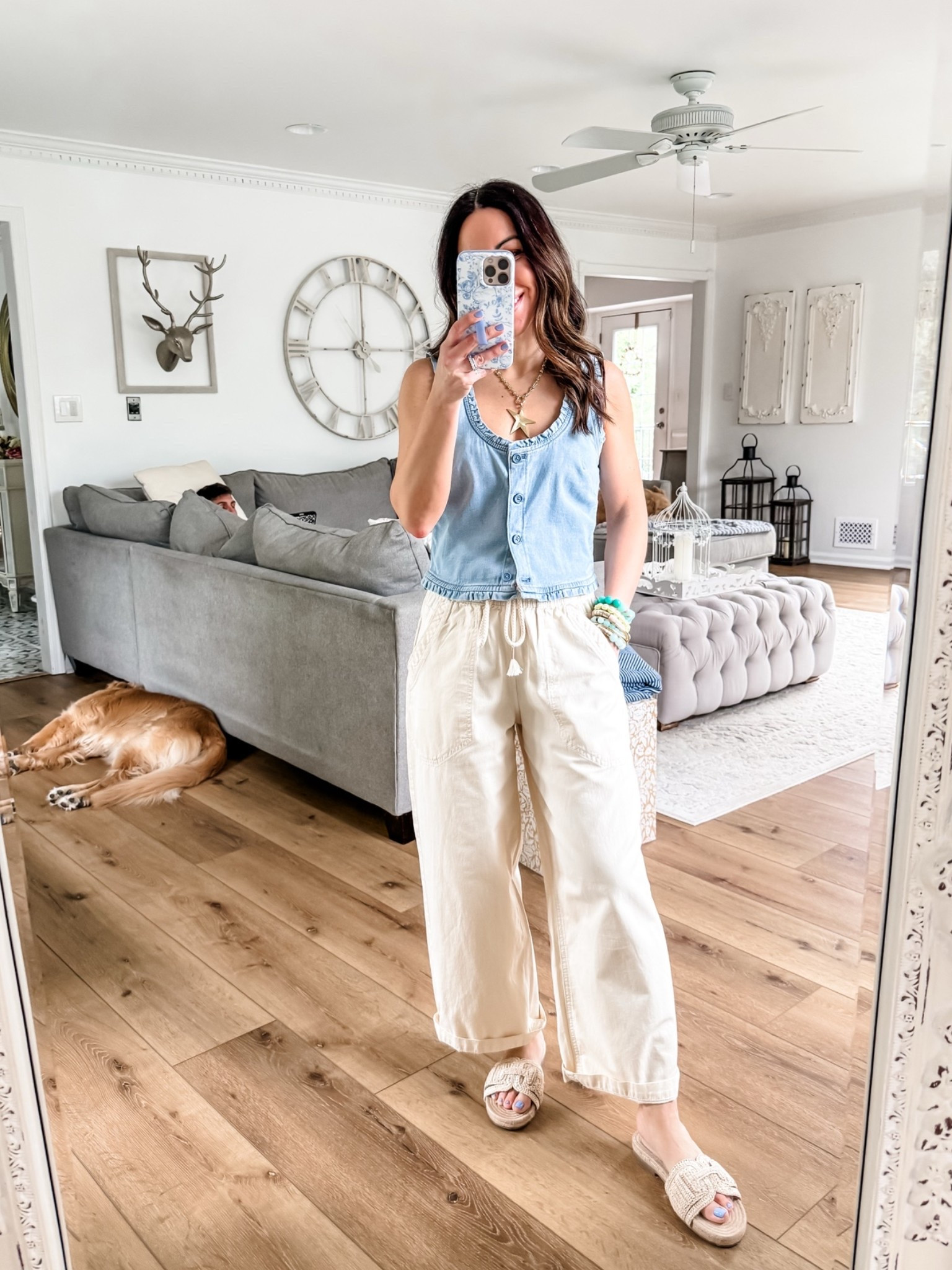 Denim vest small. Wide leg pants, XS. Sandals TTS. Vest code: DREAMTEAM. Jewelry code HOUSEOFLEO20

#LTKSaleAlert #LTKPetite #LTKOver40