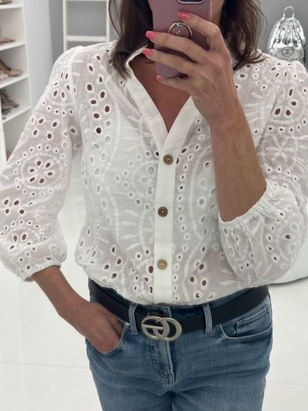 Classic white with embroidered eyelet top with jeans for everyday wearing to elevate your casual style. 

#LTKover40 #LTKstyletip #LTKfindsunder50