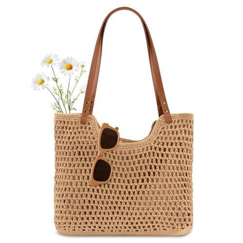 Peicees Crochet Beach Bag Purse, Boho Woven Tote with Leak-Proof Lining For Summer Vacation Travel Casual Shoulder Bag Soft | Amazon (US)