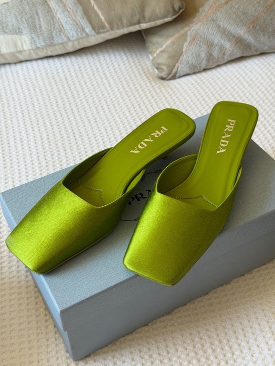 Prada Felce Green Satin Square Toe Mules Heels Size 37 | Poshmark