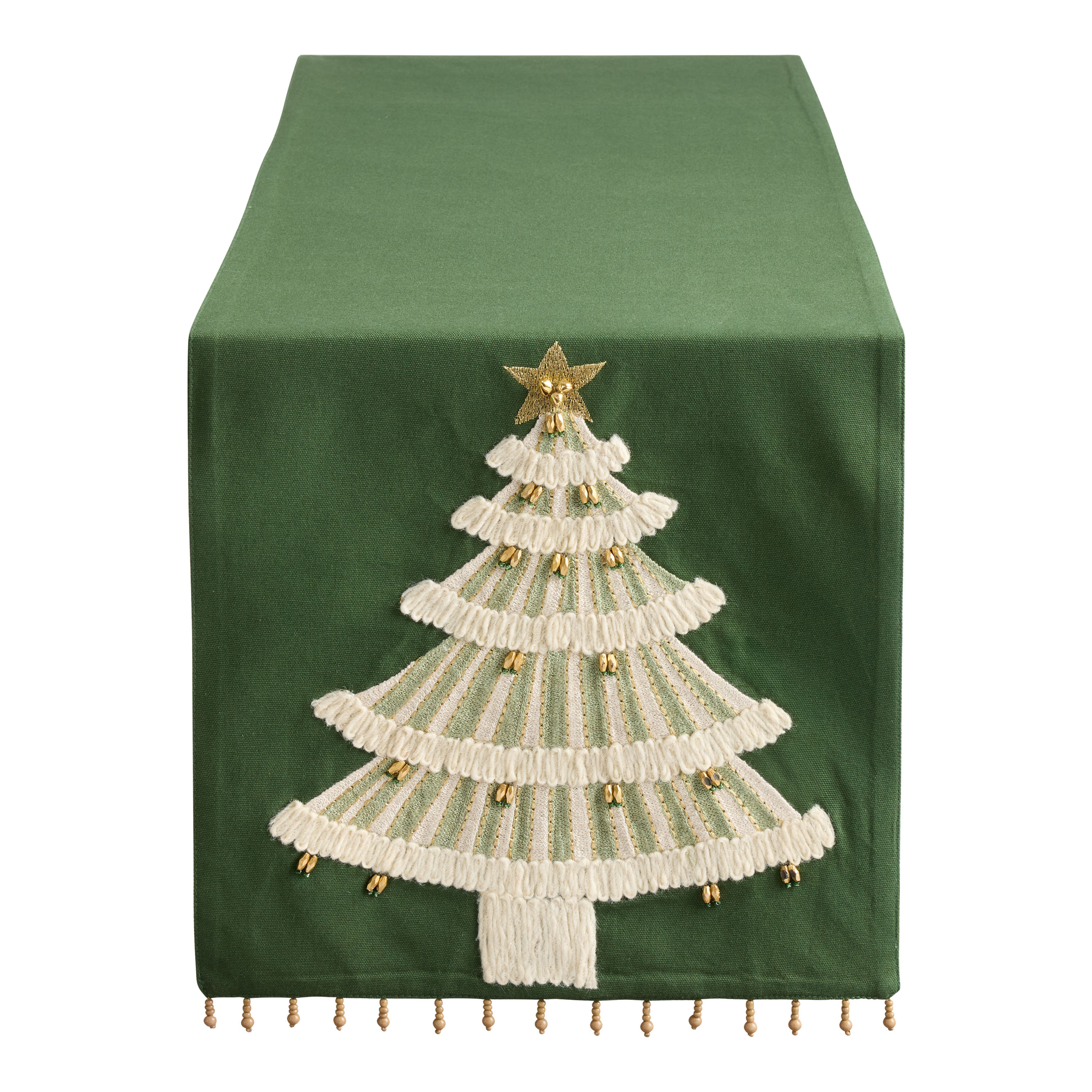 Green and Gold Christmas Tree Embroidered Beaded Table Runner | World Market
